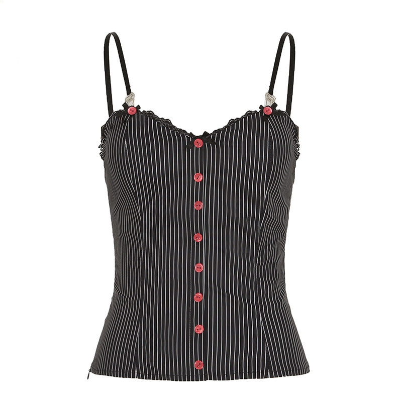Striped Breasted Lace Strap Urban Hot Sexy Drawstring Tops