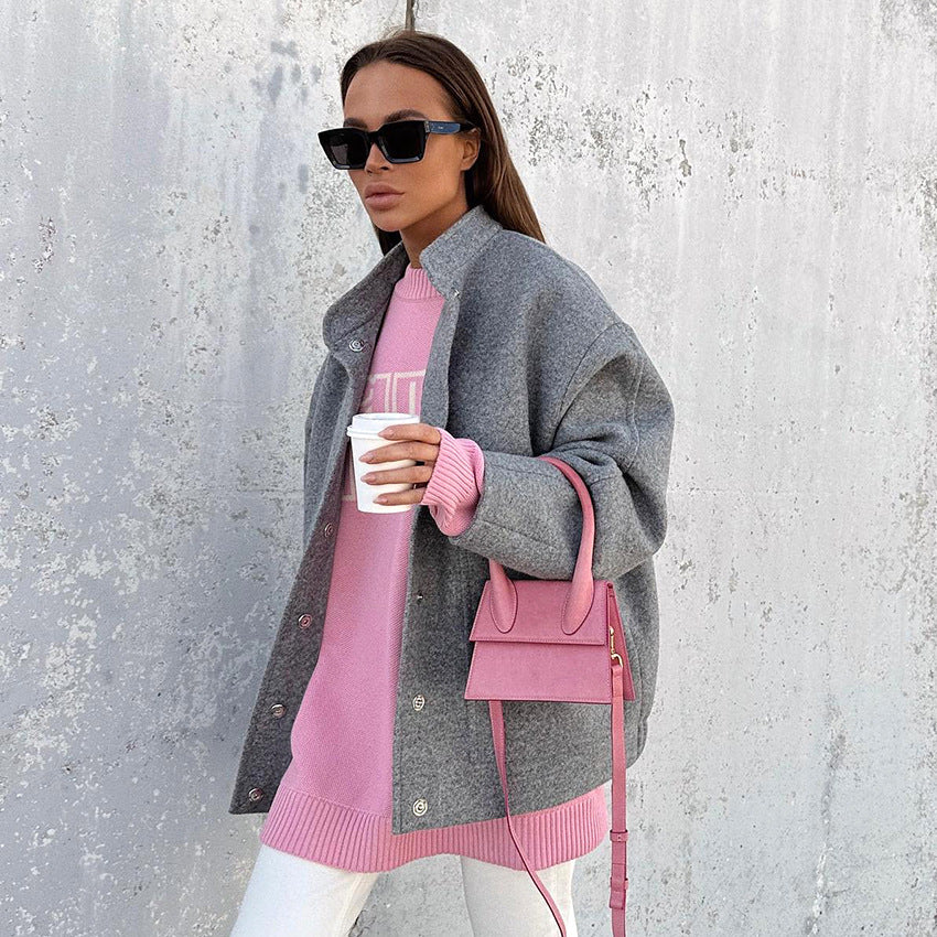Women's Gray Woolen Graceful Stand Collar High-grade Coats