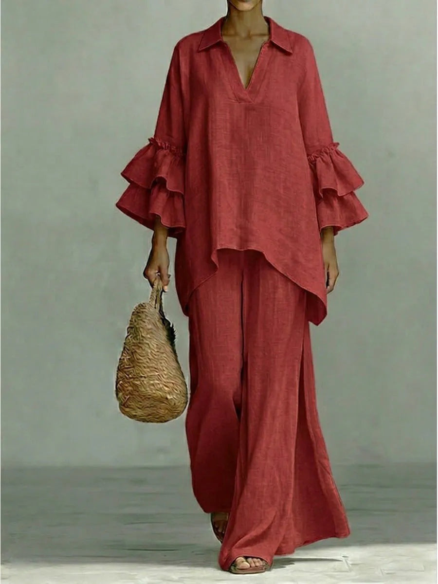 Women's Solid Color Shirt Collar Loose Trousers Fashion Casual Suit