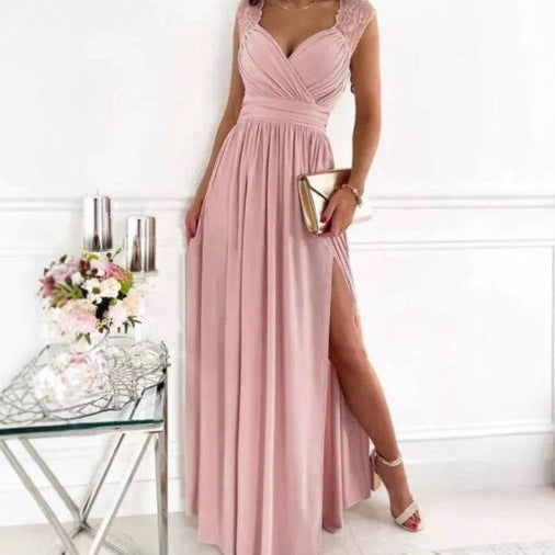Women's Sleeveless Lace Backless Slit Hemline At Dress