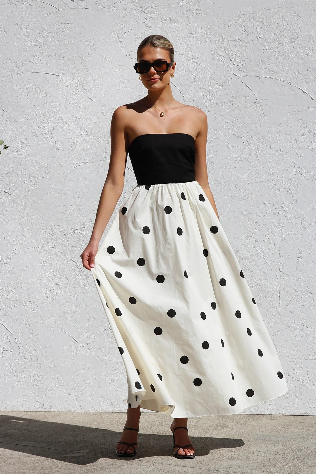 Polka Dot Print Stitching Wrapped Chest Dresses