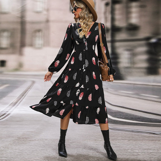 Romantic Elegant Colorful Feather Printed Sleeves Dresses