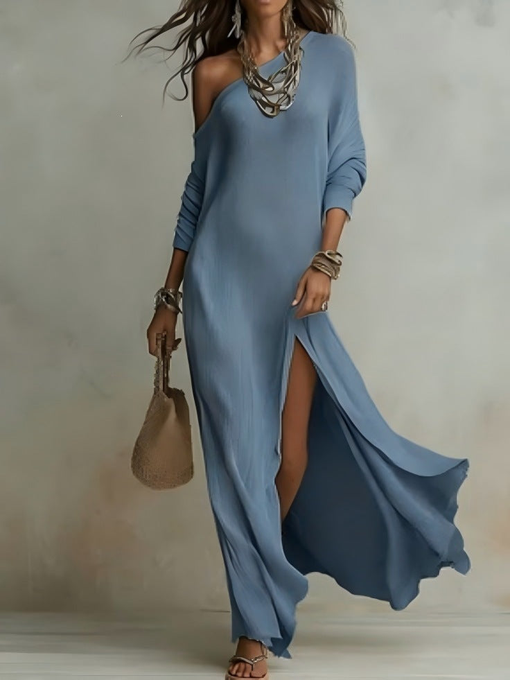 Women's Summer Elegant Long-sleeved Knitted Fold Split Dress