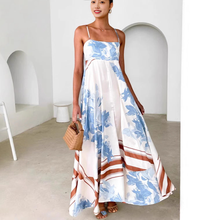 Women's Fashion Printed Backless Sexy Suspenders Large Swing High Dress