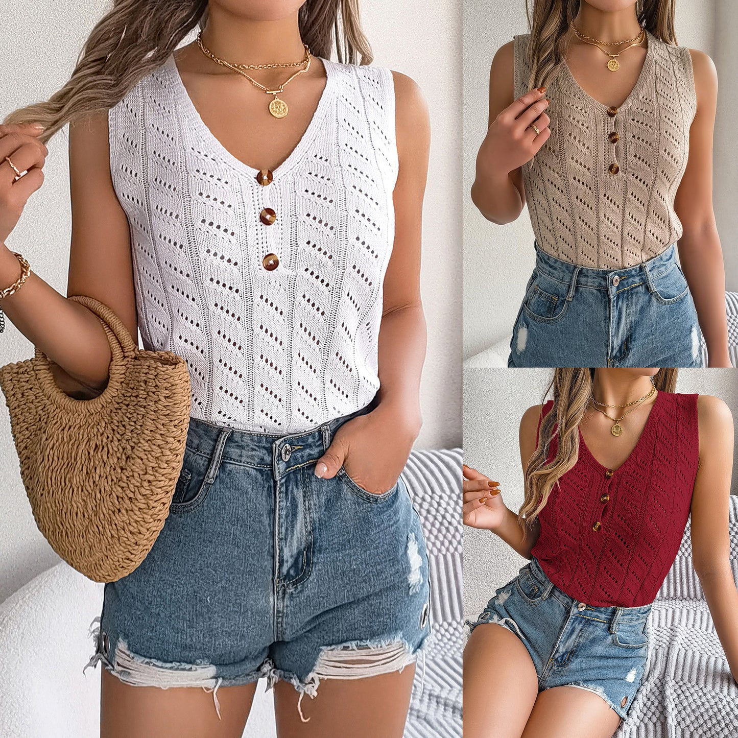 Women's Summer Solid Color Buttons Hollow Sleeveless Women's Sweater