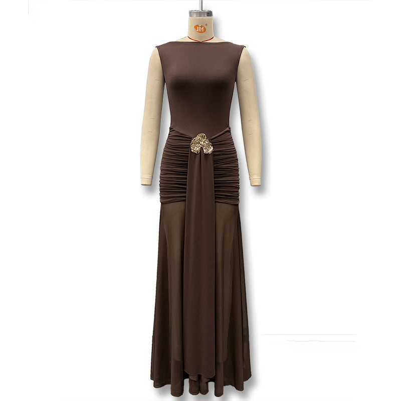 Women's Fashion Solid Color Round Neck Sleeveless Pleated Waist Tight Ribbon Dress