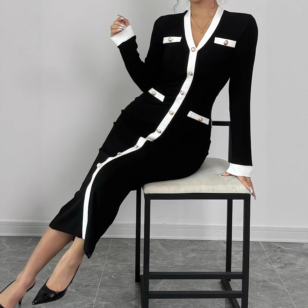 Style Pearl Buckle Slim Long Sleeve Waist Slimming Temperament Sheath Dress