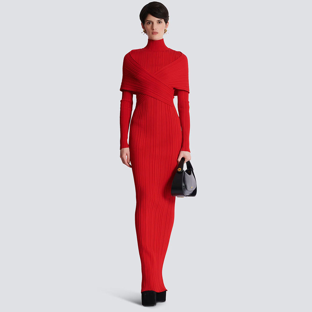 Women's High-grade Long-sleeved Red Cross Jacquard Bandage Dresses