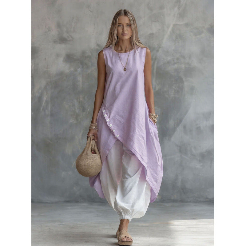 Solid Color Sleeveless Loose Pockets White Suits