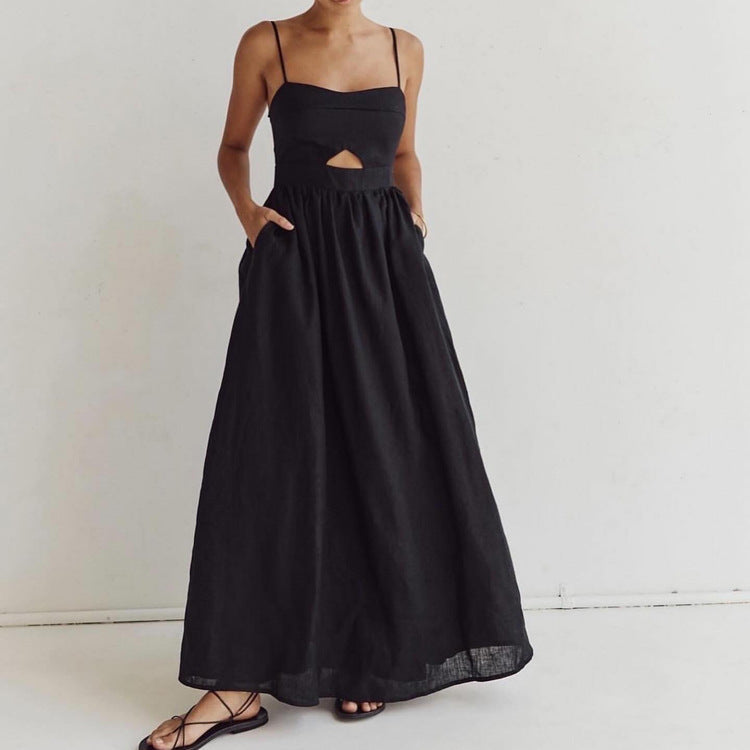 Women's Black Breathable Sling High Waist French Dress Fashion Vacation Dresses