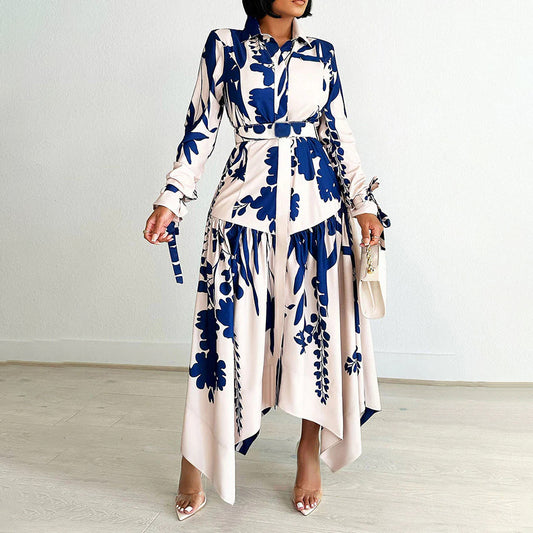 Women's Summer Fashion Temperament Printed Lapel Long Sleeve Skirts
