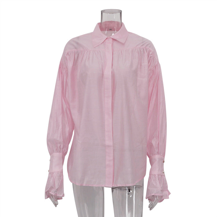 Women's Temperament Polo Collar Solid Color Versatile Blouses