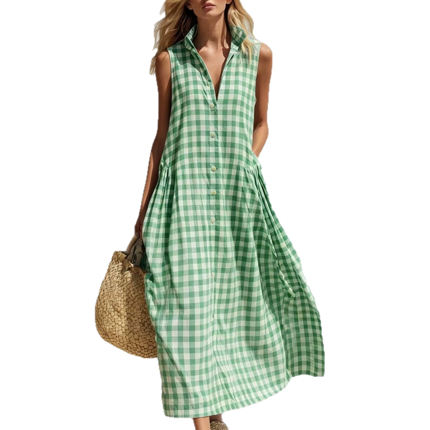 Sleeveless Summer Vacation Style Seaside Plaid Loose Dress