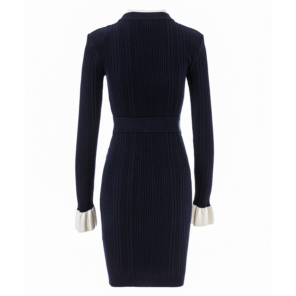 French Style Contrast Color Round Neck Knitted Dress Dresses