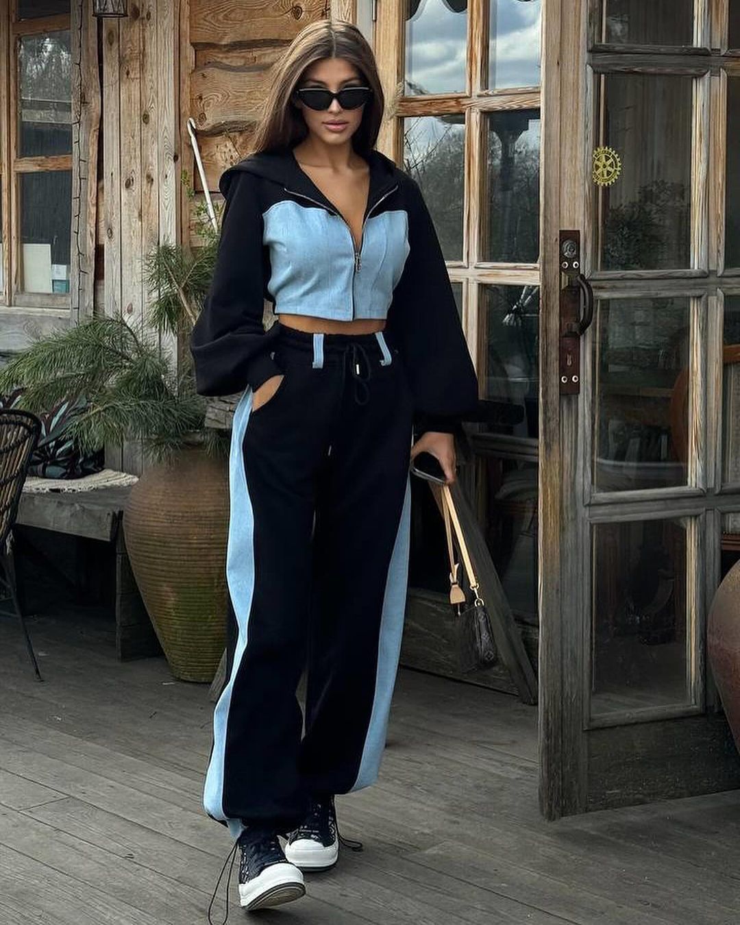 Women's Denim Stitching Hooded High Waist Trousers Fashion Casual Suit