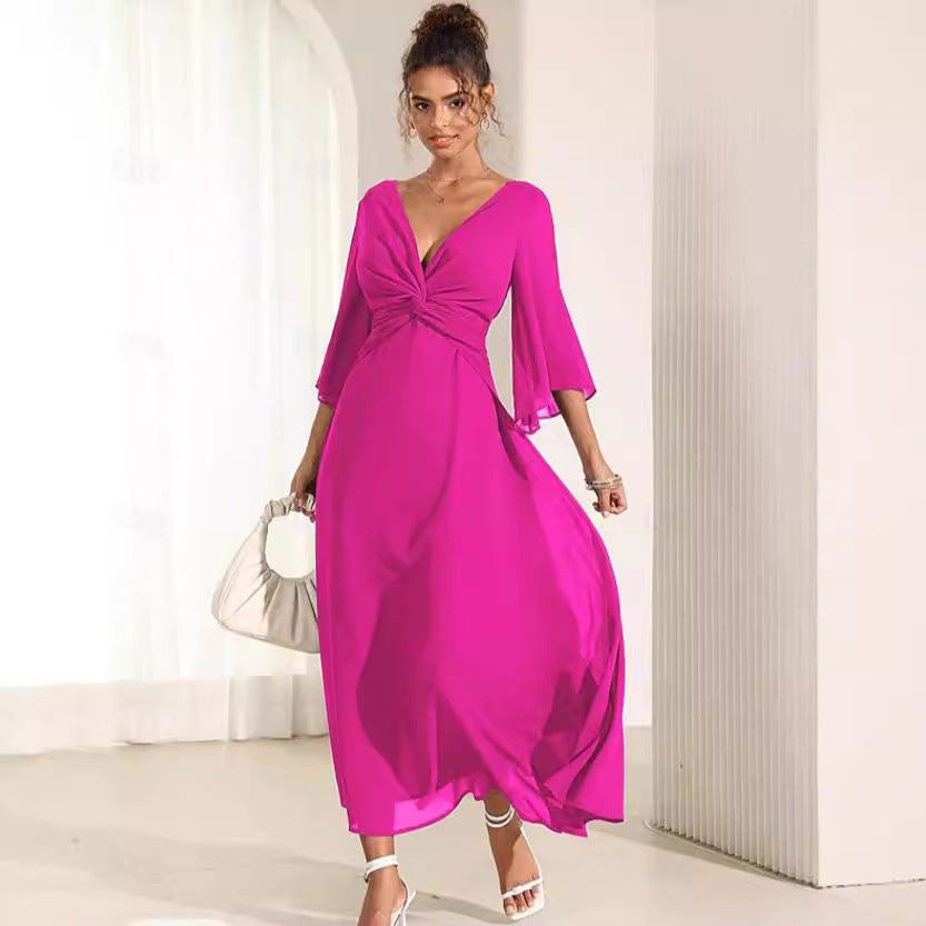 Solid Color Collar Bell Sleeve Maxi Party Dress