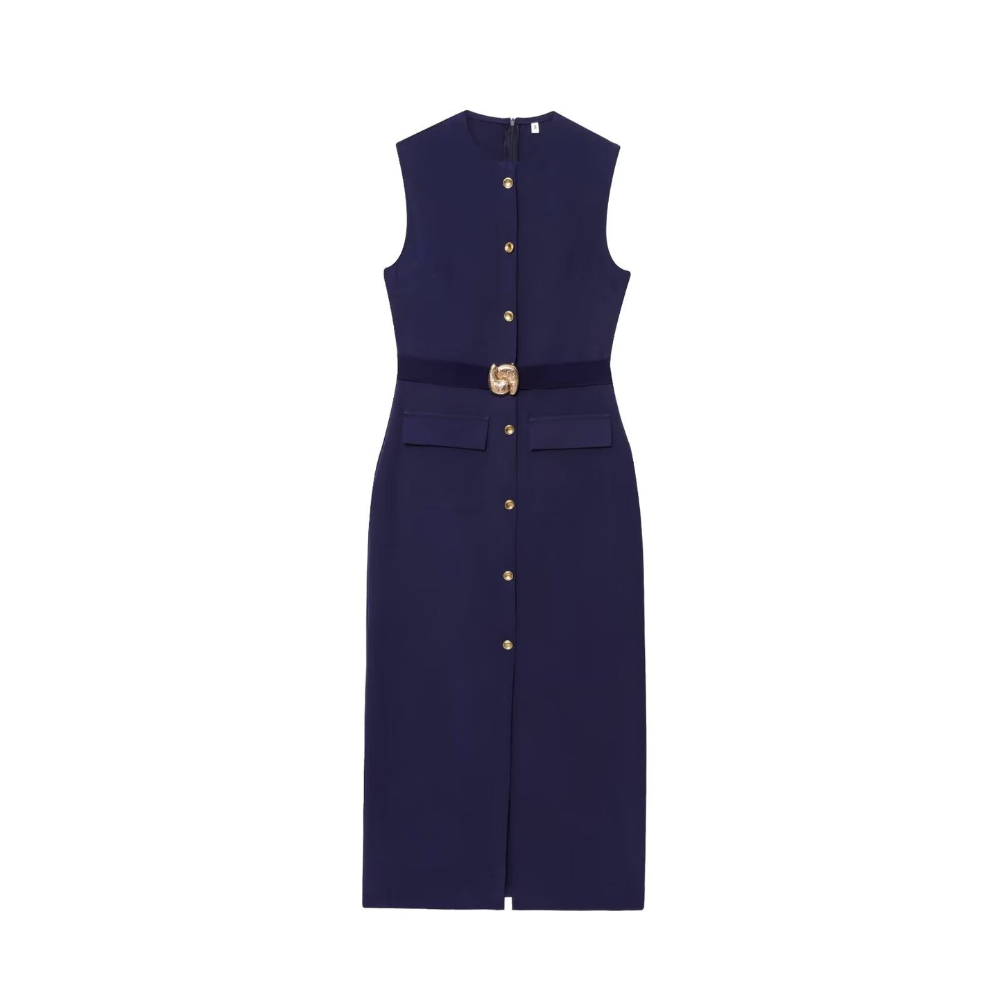Women's Belt Sleeveless Round Neck Midi Dress Dresses