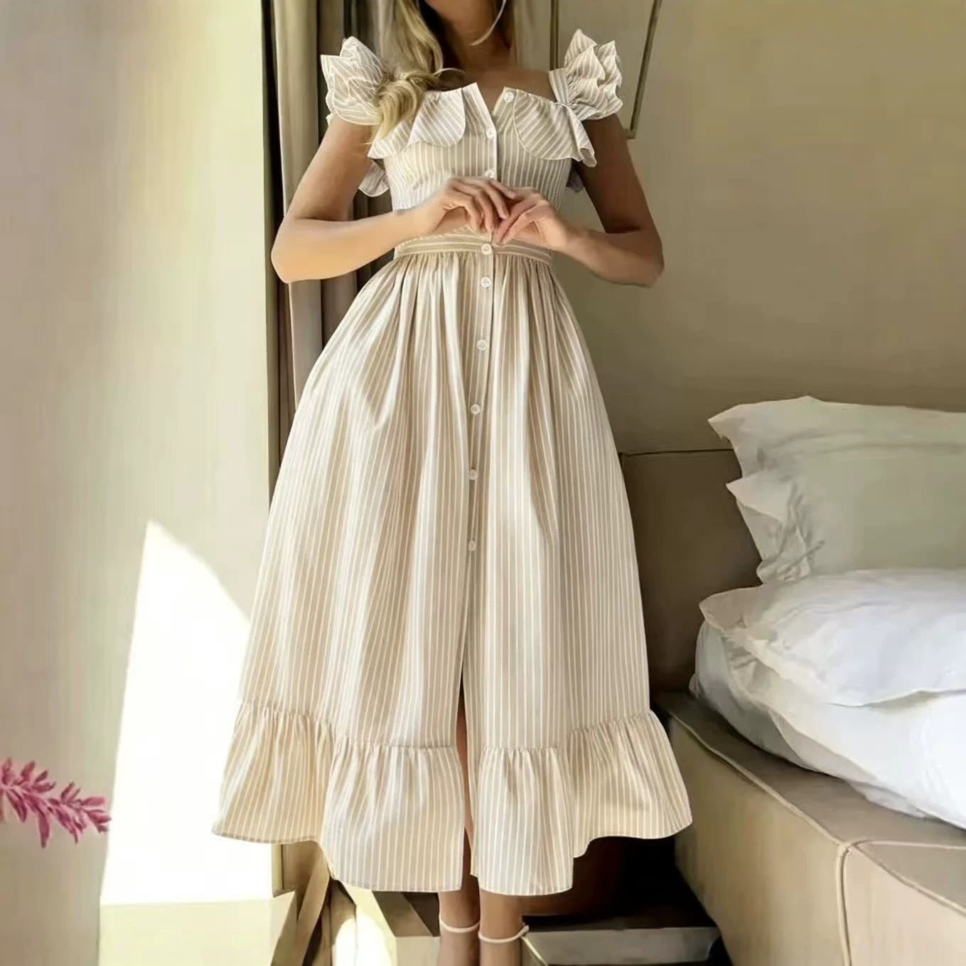 Flying Sleeves Striped Ruffled Long Summer Casual Dress