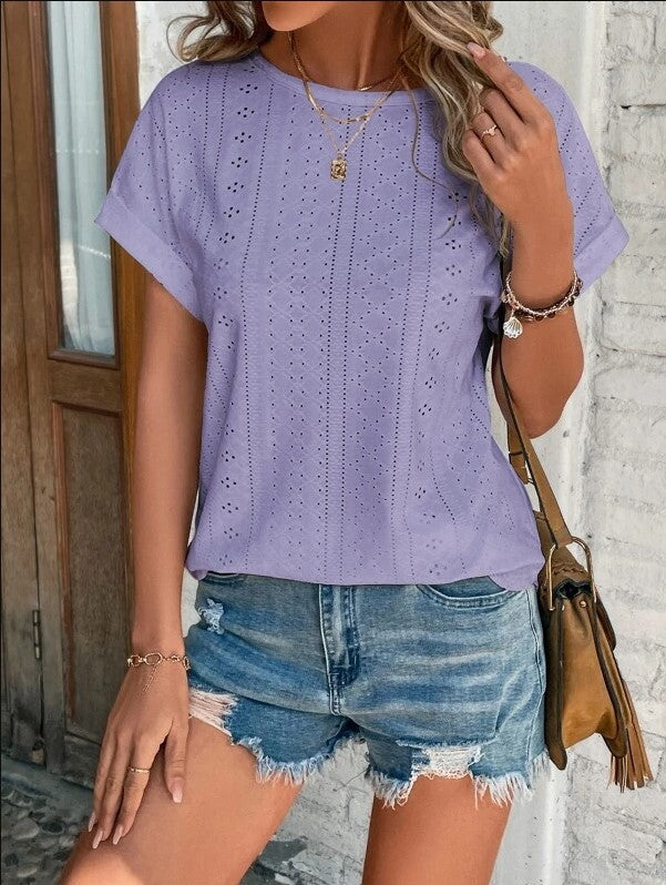 Summer Solid Color Sleeve Hollowed Leisure Blouses