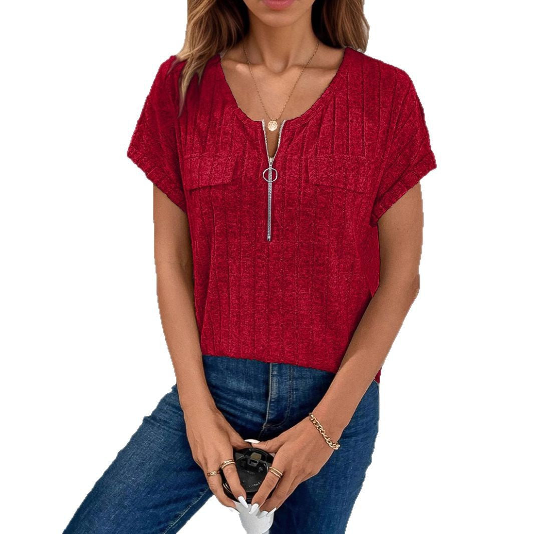Solid Color Zipper Sleeve Faux Pocket Blouses