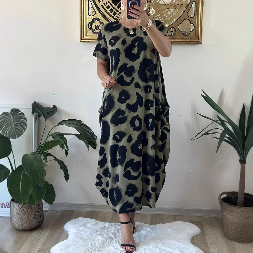 Leopard Print Pocket Casual Loose Printed Dress