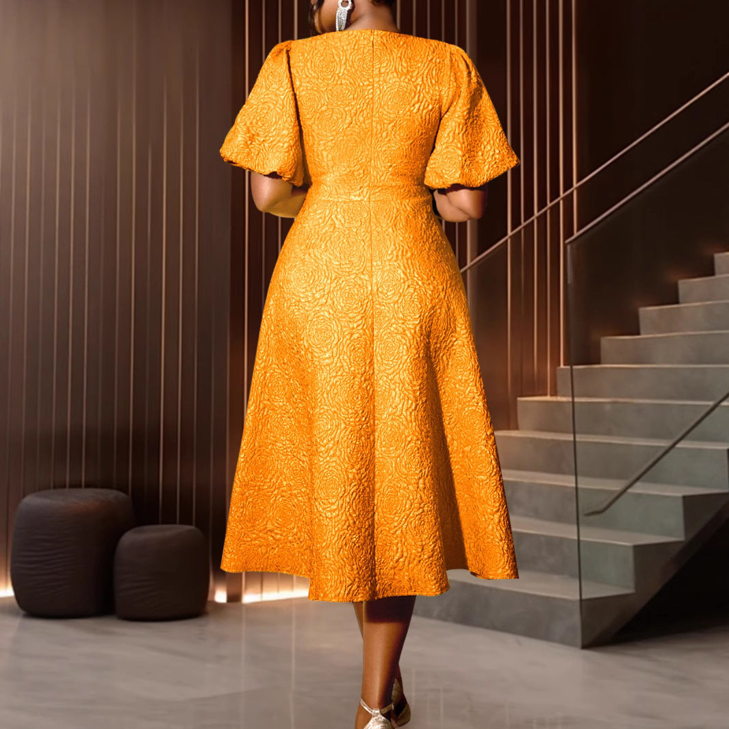 Rose Jacquard Round Neck Dress Commuter Dresses