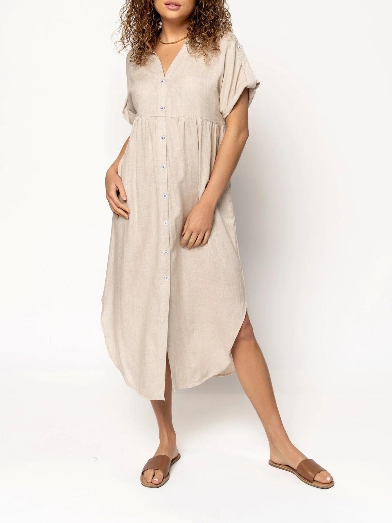 Loose Temperament Casual Solid Color Buttons Dress