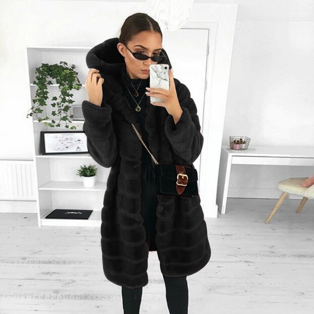 Women's Solid Color Plush Hooded Mid-length For Coats