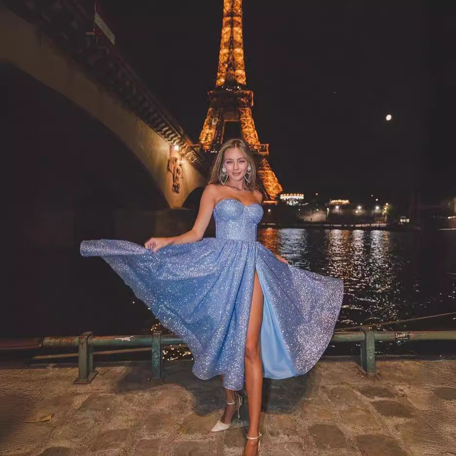 Women's Long Prom Dress Spring Tube Sequined Gown Evening Dresses
