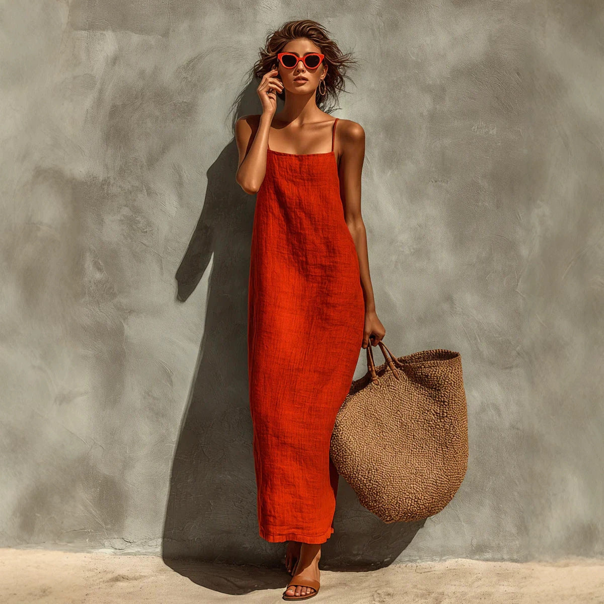 Women's Summer Solid Color Sexy Retro Idle Style Cotton Linen Sleeveless Dress