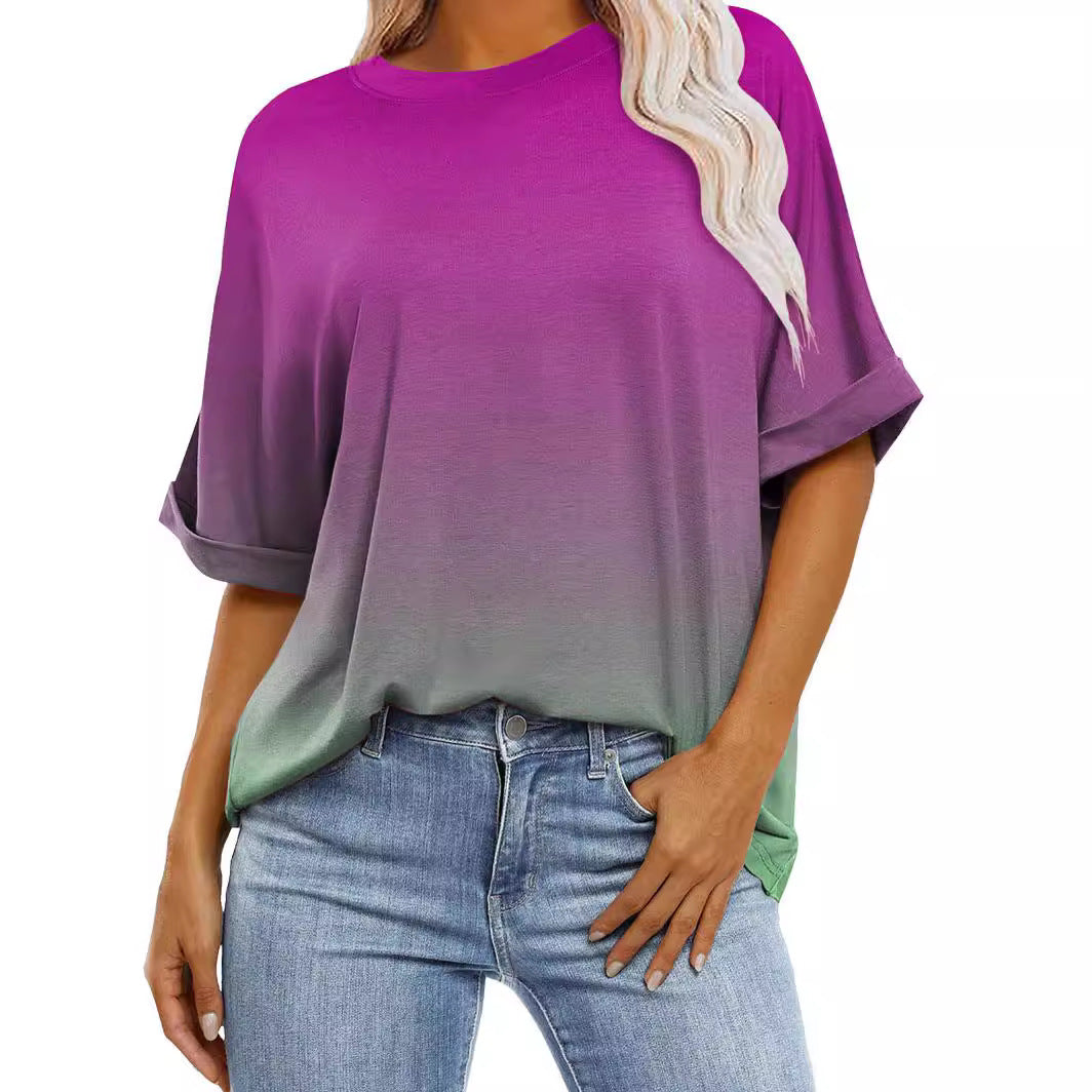 Women's Gradient Color Sleeve Casual Round Neck Blouses