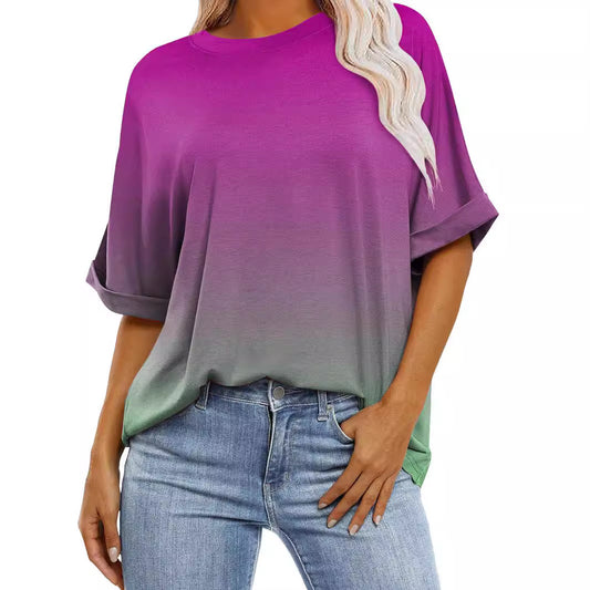 Women's Gradient Color Sleeve Casual Round Neck Blouses