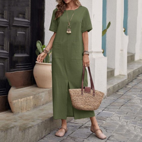 Women's Summer Cotton Linen Solid Color Loose Round Neck Sleeve Dress