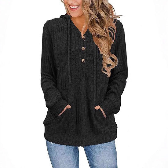 Women's Long Sleeve Hoodie Brushed Sunken Stripe Solid Color Loose Casual Sweater