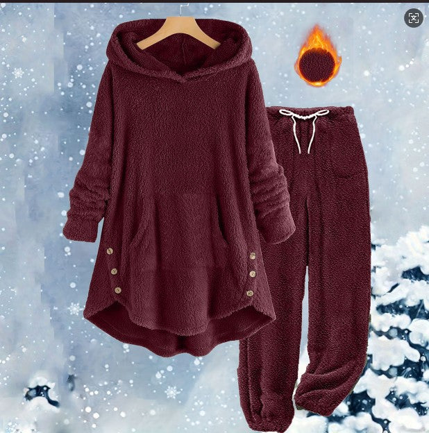 Women's Solid Color Plush Hooded Long Sleeve Suits