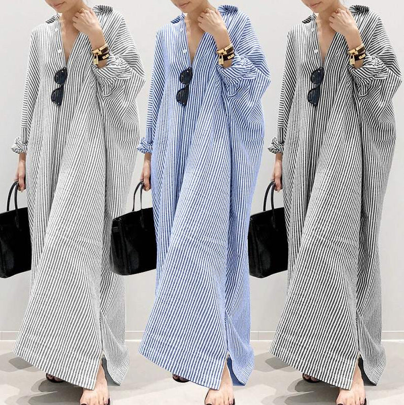 Cotton Linen Stripes Loose Temperament Commuting Dress