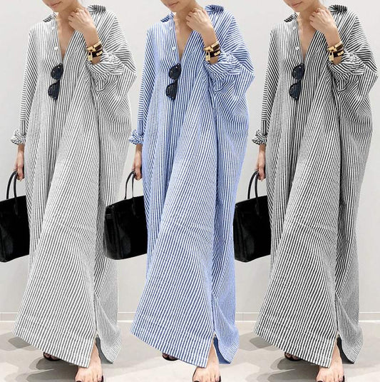 Cotton Linen Stripes Loose Temperament Commuting Dress