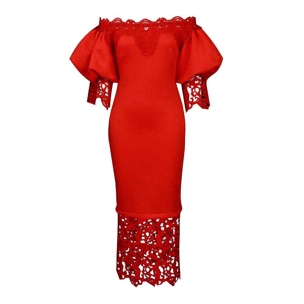 Women's Lace Stitching Banquet Dress Lantern Sleeve Dresses