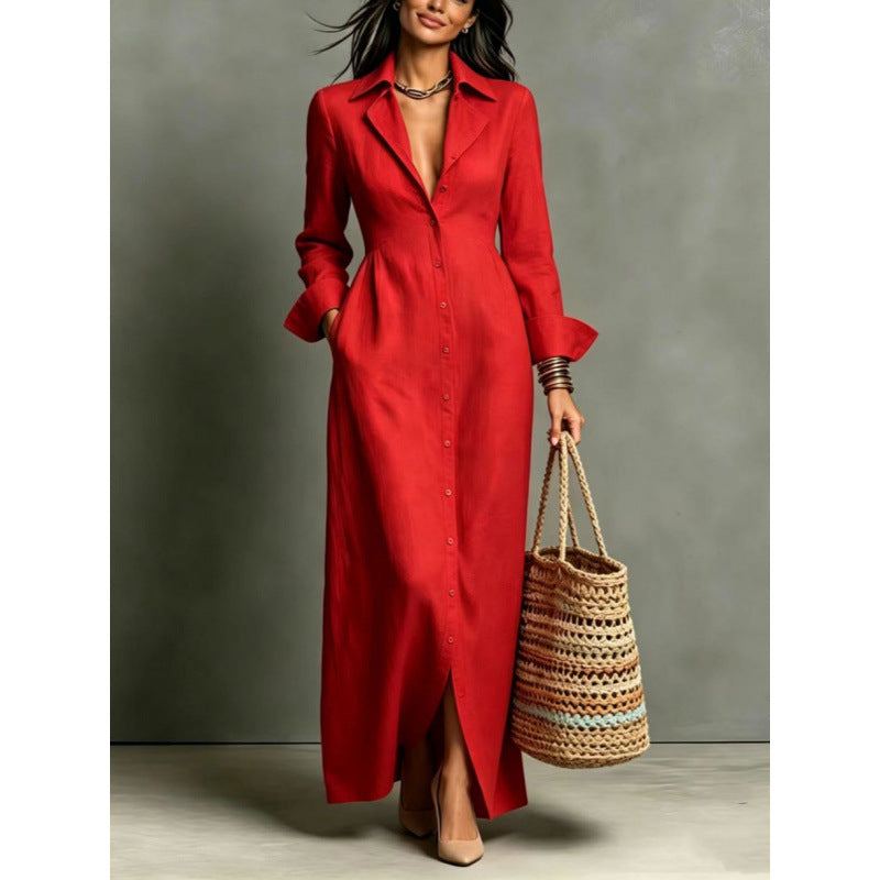 Casual Pocket Solid Color Breasted Lapel Dress