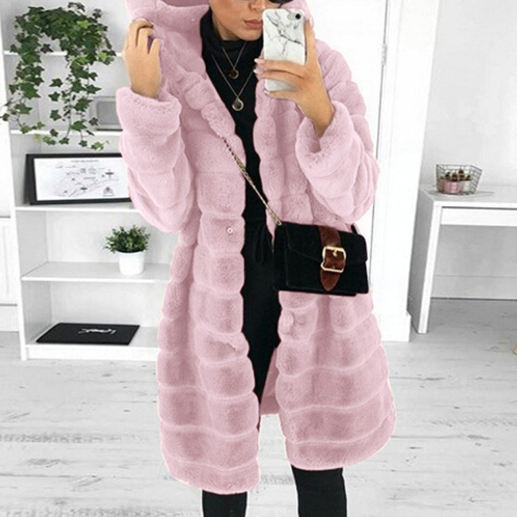 Women's Solid Color Plush Hooded Mid-length For Coats