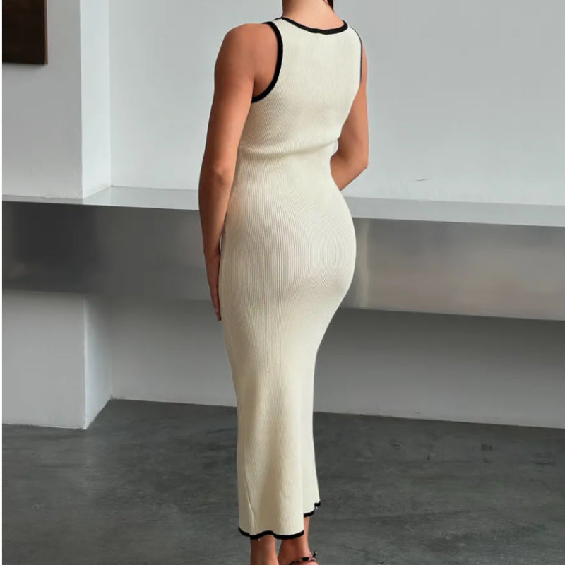 Women's Russian Dress Contrast Color Single Row Slit Dresses