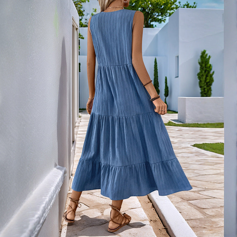 Summer Mid-length Dress Pleated Solid Color Dresses