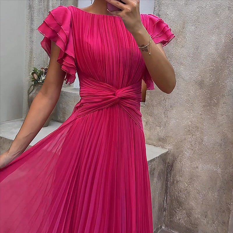 Round Neck Pleated Cross Solid Color Dresses
