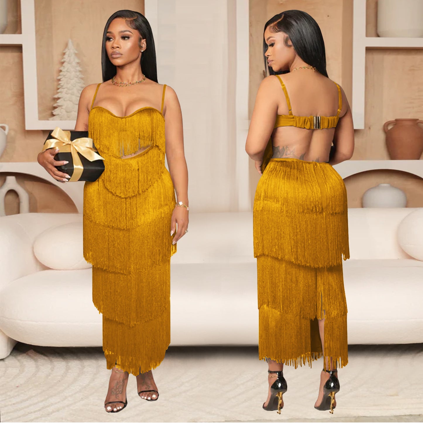 Women's Wear Sexy Strap Backless Tassel Long Dresses
