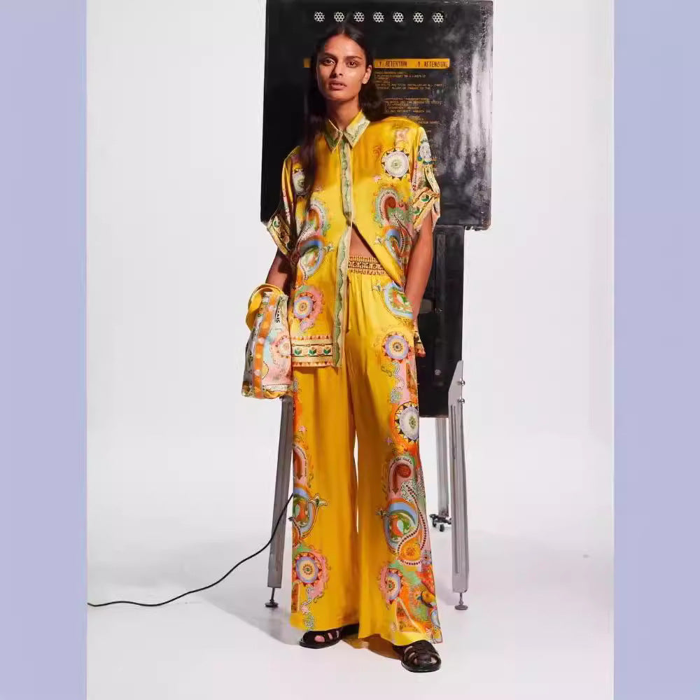 Satin Printed Flowers Sleeve Vacation Leisure Suits