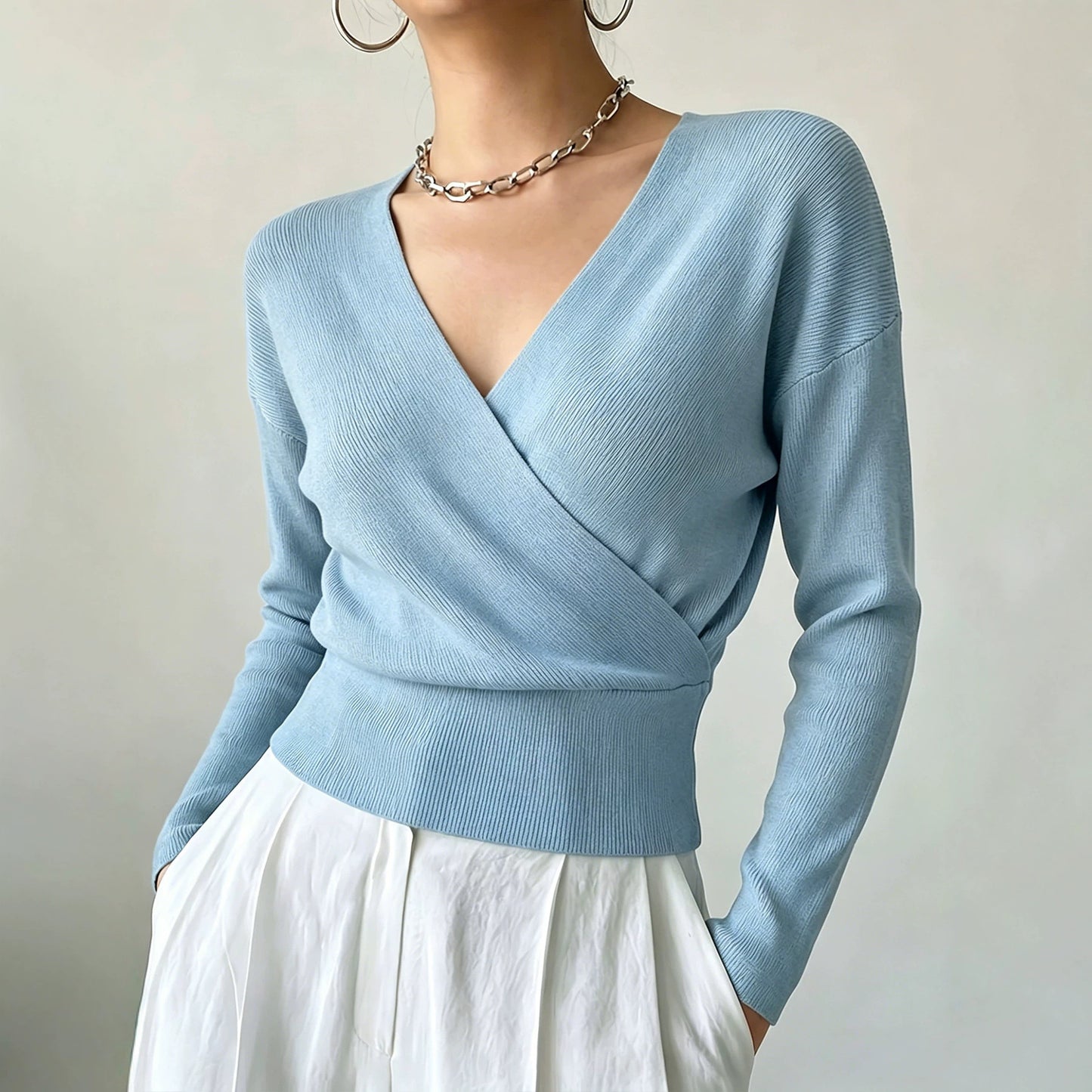 Women's Solid Color Fashion Cross Collar Tight Waist Design Show Figure Sweaters