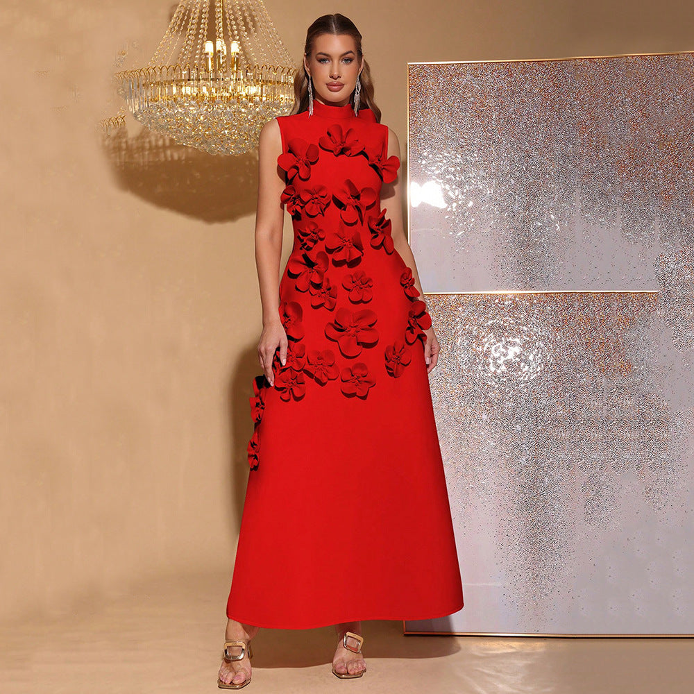 Women's Line Long Summer Patchwork Stand-up Collar Dresses