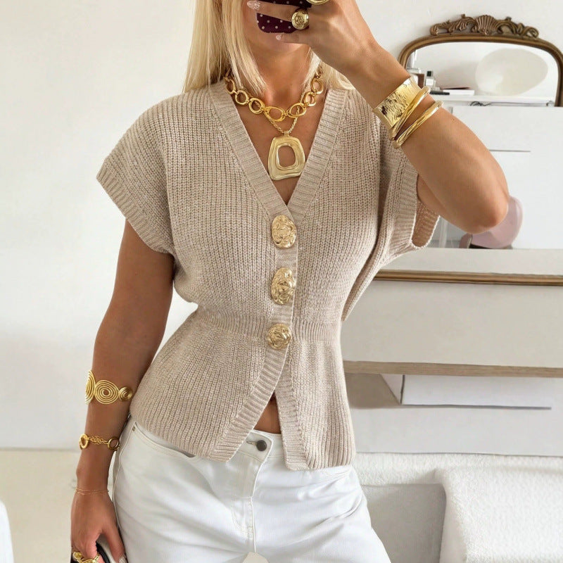 Women's Metal Buckle Cinched Sleeveless French Style Temperament Commuter Sweater
