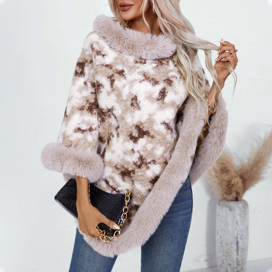 Women's Fur Collar Pullover Contrast Color Leopard Print Knitted Cape Vintage Women's Sweater