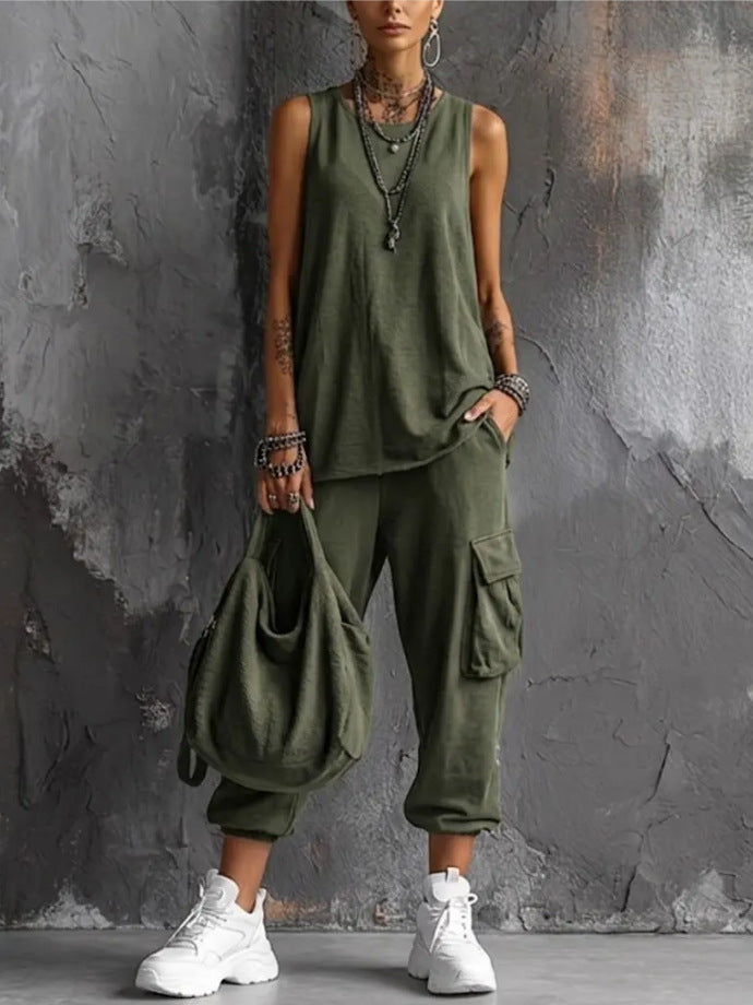 Women's Summer Sleeveless Round Neck Overalls Two-piece Fashion Casual Suit